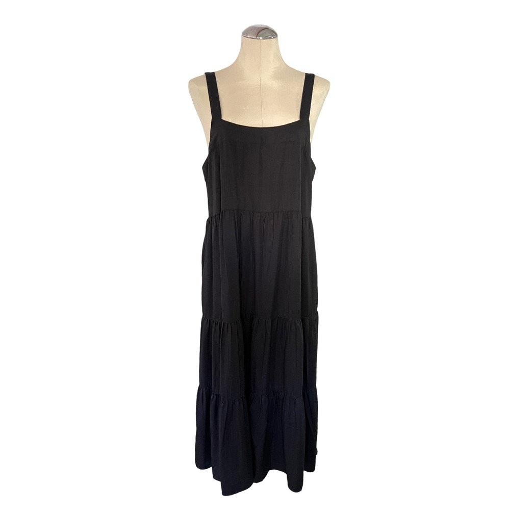 The Drop Britt Black Tiered Maxi Tent Dress XL Tencel Lyocell Adjustable Straps